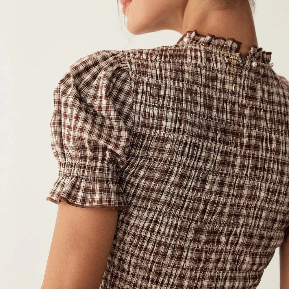 Rihoas Coffee Plaid Puffed Sleeve Mini Dress - Picture 3 of 6
